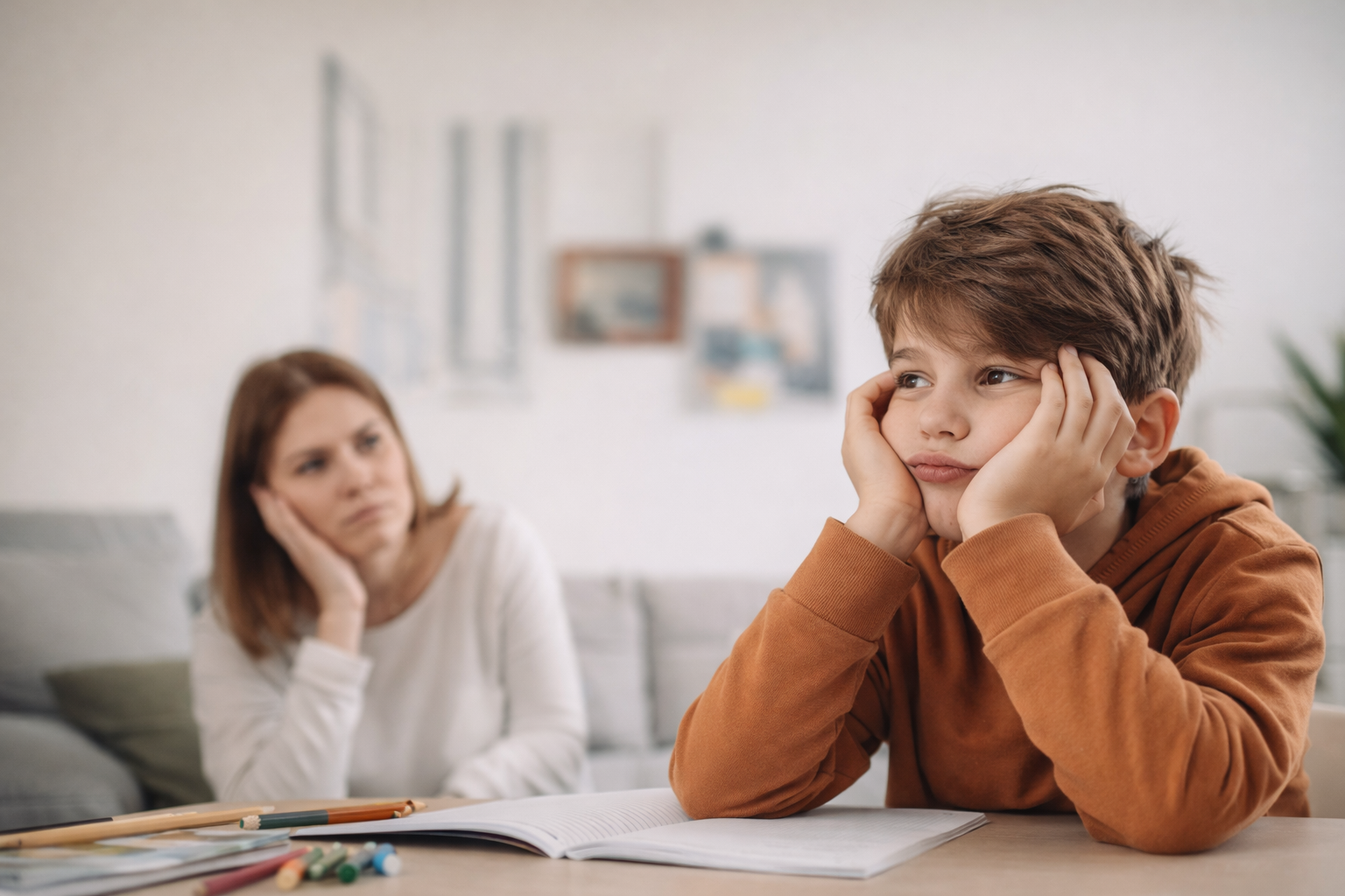dziecko siedzące przy stole i odkładające odrabianie lekcji, mama obserwuje w tle