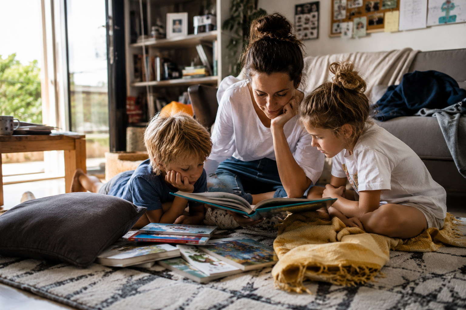Mama z dwójką dzieci wspólnie czytająca książkę w przytulnym salonie podczas wakacyjnego popołudnia.